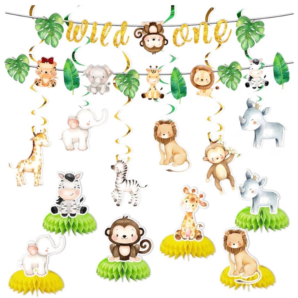 Wild One Birthday Party Decor - 19 Pieces. Animals And Streamers